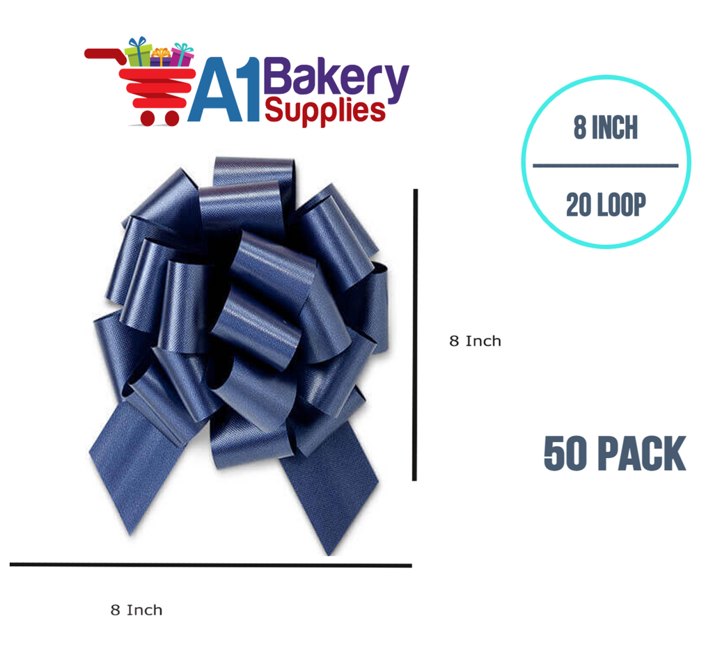 A1BakerySupplies 50 Pieces Pull Bow for Gift Wrapping Gift Bows Pull Bow With Ribbon for Wedding Gift Baskets, 8 Inch 20 Loop Navy Blue Flora Satin Color