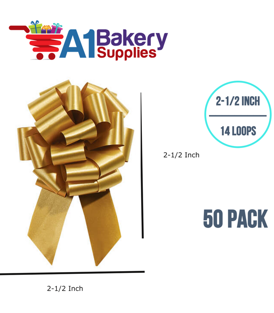 A1BakerySupplies 50 Pieces Pull Bow for Gift Wrapping Gift Bows Pull Bow With Ribbon for Wedding Gift Baskets, 2.5 Inch 14 Loop in Holiday Gold Color