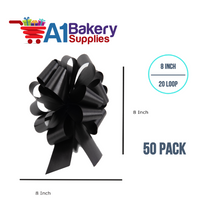 A1BakerySupplies 50 Pieces Pull Bow for Gift Wrapping Gift Bows Pull Bow With Ribbon for Wedding Gift Baskets, 8 Inch 20 Loop Black Flora Satin Color