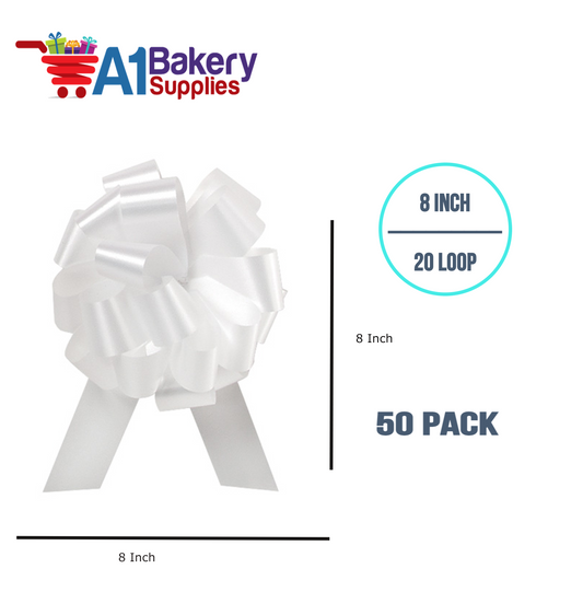 A1BakerySupplies 50 Pieces Pull Bow for Gift Wrapping Gift Bows Pull Bow With Ribbon for Wedding Gift Baskets, 8 Inch 20 Loop White Flora Satin Color