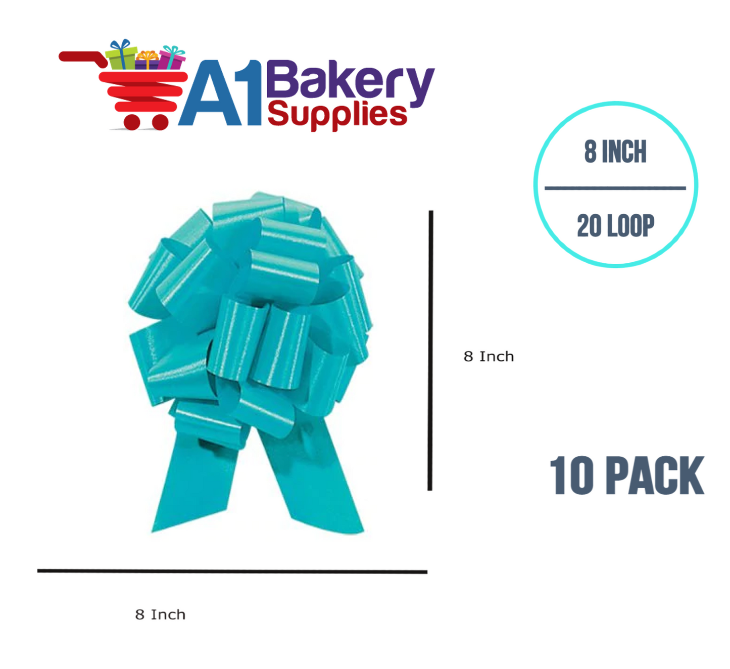 A1BakerySupplies 10 Pieces Pull Bow for Gift Wrapping Gift Bows Pull Bow With Ribbon for Wedding Gift Baskets, 8 Inch 20 Loop Turquoise Flora Satin Color