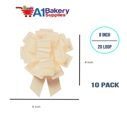 A1BakerySupplies 10 Pieces Pull Bow for Gift Wrapping Gift Bows Pull Bow With Ribbon for Wedding Gift Baskets, 8 Inch 20 Loop Ivory Eggshell Flora Satin Color