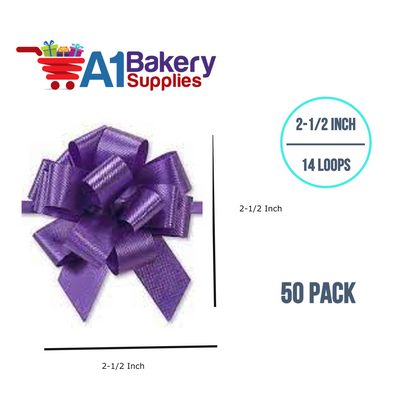 A1BakerySupplies 50 Pieces Pull Bow for Gift Wrapping Gift Bows Pull Bow With Ribbon for Wedding Gift Baskets, 2.5 Inch 14 Loop Purple Flora Satin Color