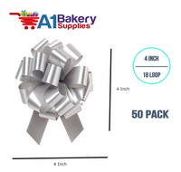 A1BakerySupplies 50 Pieces Pull Bow for Gift Wrapping Gift Bows Pull Bow With Ribbon for Wedding Gift Baskets, 4 Inch 18 Loop Silver Flora Satin Color