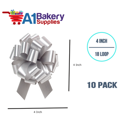 A1BakerySupplies 10 Pieces Pull Bow for Gift Wrapping Gift Bows Pull Bow With Ribbon for Wedding Gift Baskets, 4 Inch 18 Loop Silver Flora Satin Color