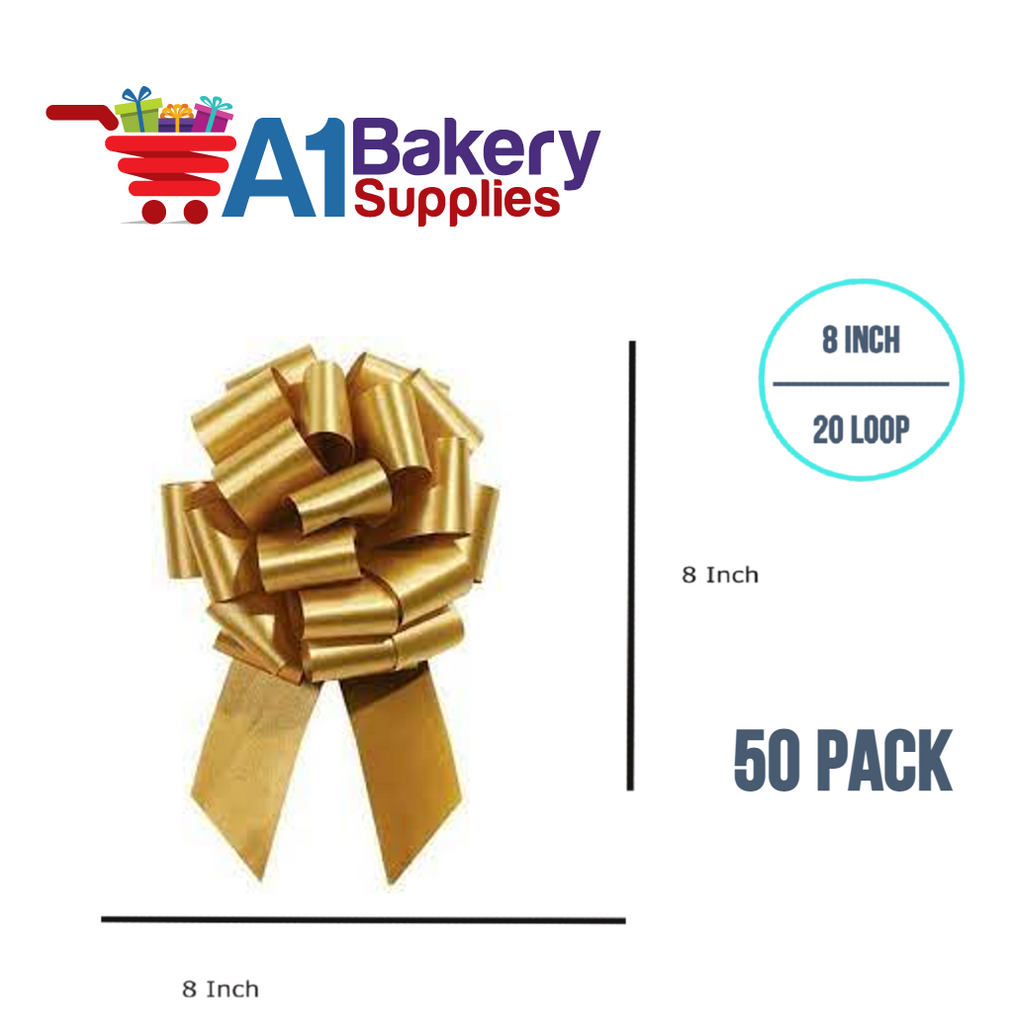 A1BakerySupplies 50 Pieces Pull Bow for Gift Wrapping Gift Bows Pull Bow With Ribbon for Wedding Gift Baskets, 8 Inch 20 Loop in Holiday Gold Color