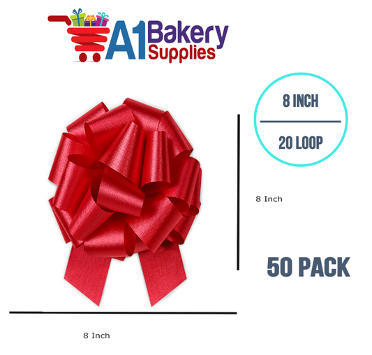 A1BakerySupplies 50 Pieces Pull Bow for Gift Wrapping Gift Bows Pull Bow With Ribbon for Wedding Gift Baskets, 8 Inch 20 Loop in Hot Red Flora Satin Color