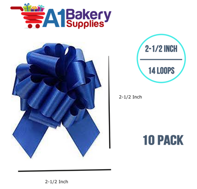 A1BakerySupplies 10 Pieces Pull Bow for Gift Wrapping Gift Bows Pull Bow With Ribbon for Wedding Gift Baskets, 2.5 Inch 14 Loop Royal Blue Flora Satin Color