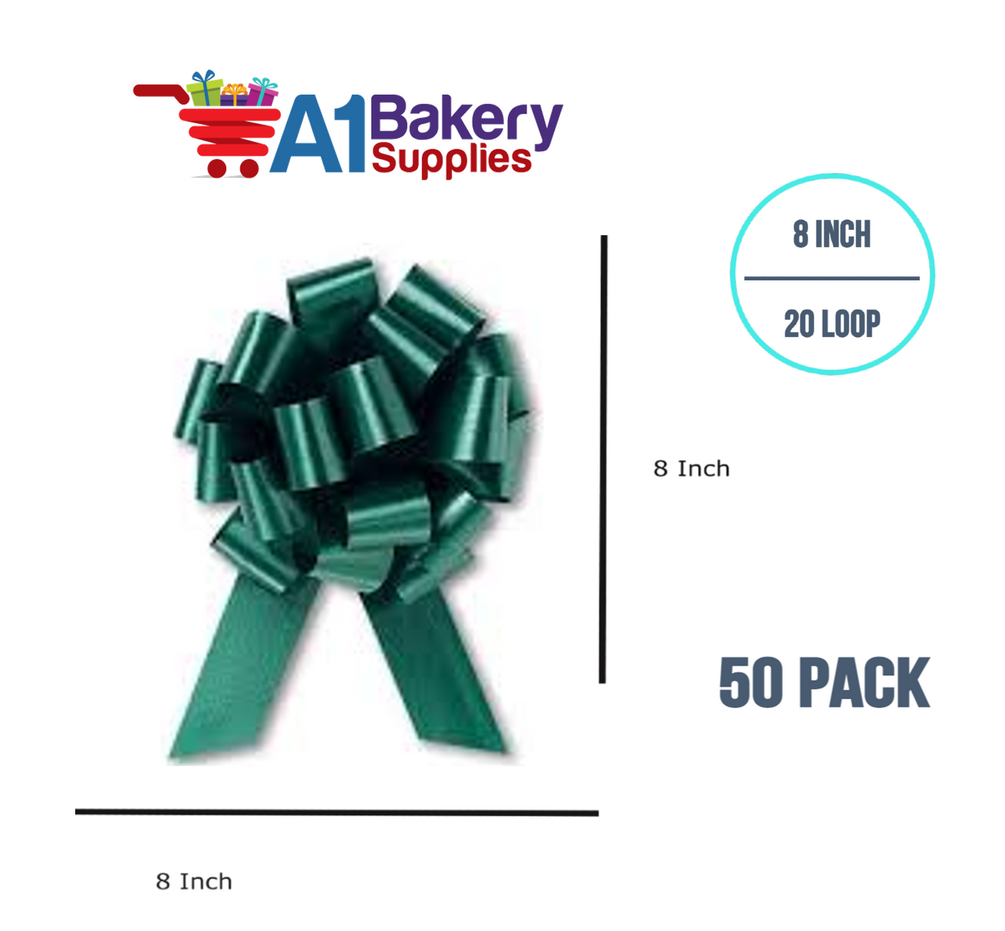 A1BakerySupplies 50 Pieces Pull Bow for Gift Wrapping Gift Bows Pull Bow With Ribbon for Wedding Gift Baskets, 8 Inch 20 Loop Hunter Green Flora Satin Color
