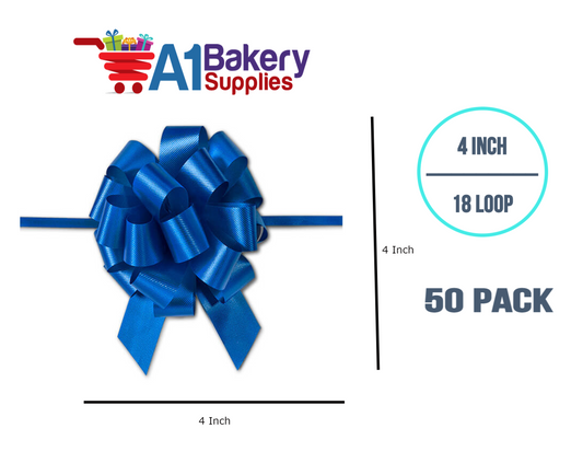 A1BakerySupplies 50 Pieces Pull Bow for Gift Wrapping Gift Bows Pull Bow With Ribbon for Wedding Gift Baskets, 4 Inch 18 Loop Royal Blue Flora Satin Color