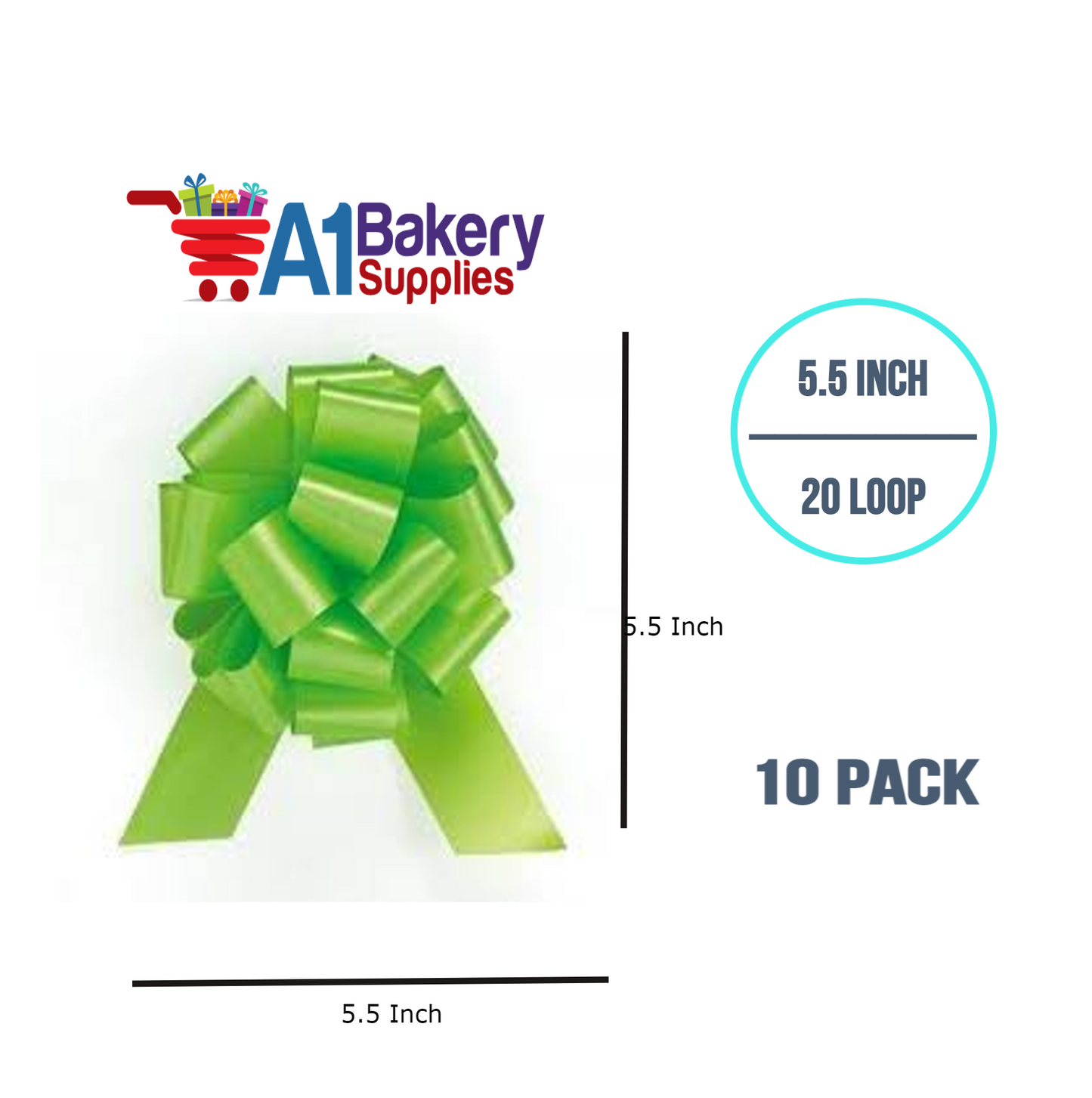 A1BakerySupplies 10 Pieces Pull Bow for Gift Wrapping Gift Bows Pull Bow With Ribbon for Wedding Gift Baskets, 5.5 Inch 20 Loop in Lime Green Color
