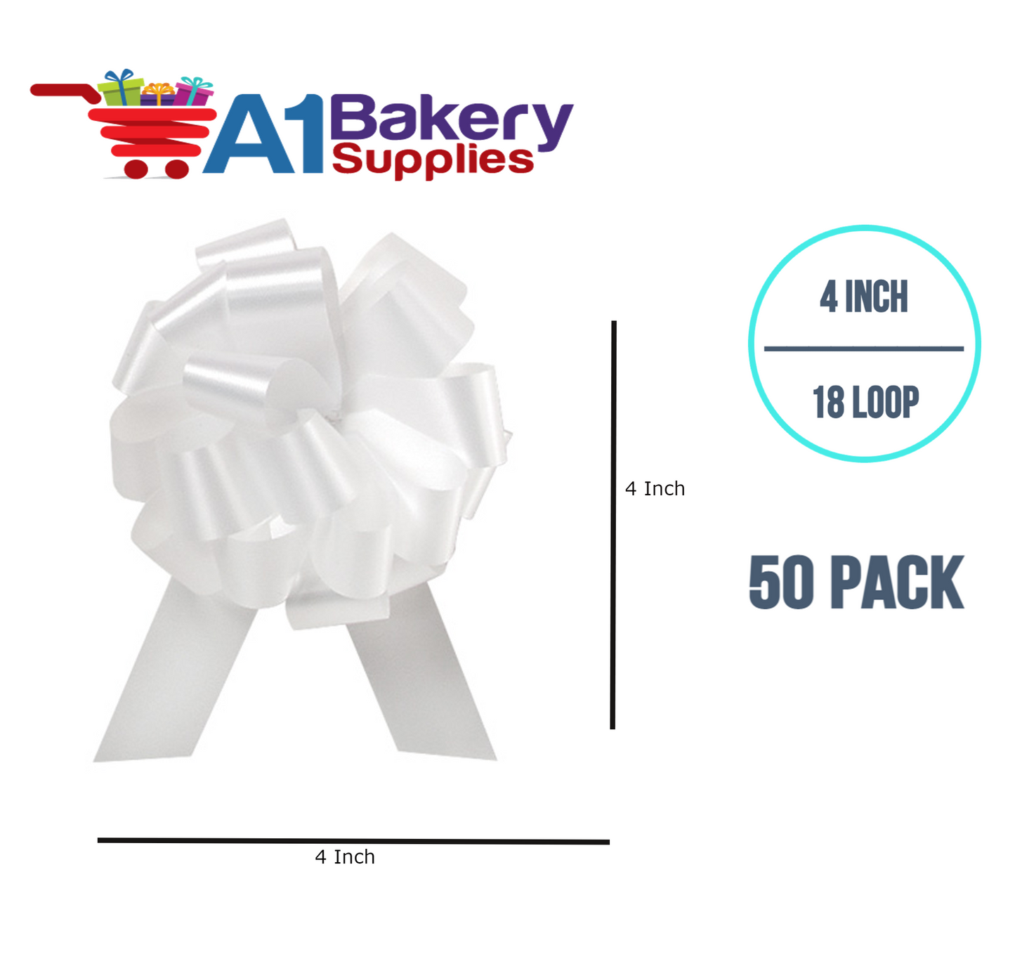 A1BakerySupplies 50 Pieces Pull Bow for Gift Wrapping Gift Bows Pull Bow With Ribbon for Wedding Gift Baskets, 4 Inch 18 Loop White Flora Satin Color