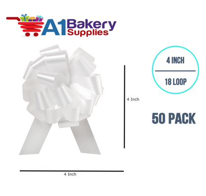 A1BakerySupplies 50 Pieces Pull Bow for Gift Wrapping Gift Bows Pull Bow With Ribbon for Wedding Gift Baskets, 4 Inch 18 Loop White Flora Satin Color