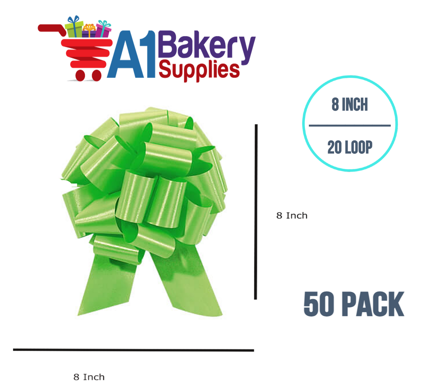 A1BakerySupplies 50 Pieces Pull Bow for Gift Wrapping Gift Bows Pull Bow With Ribbon for Wedding Gift Baskets, 8 Inch 20 Loop Citrus Green Flora Satin Color
