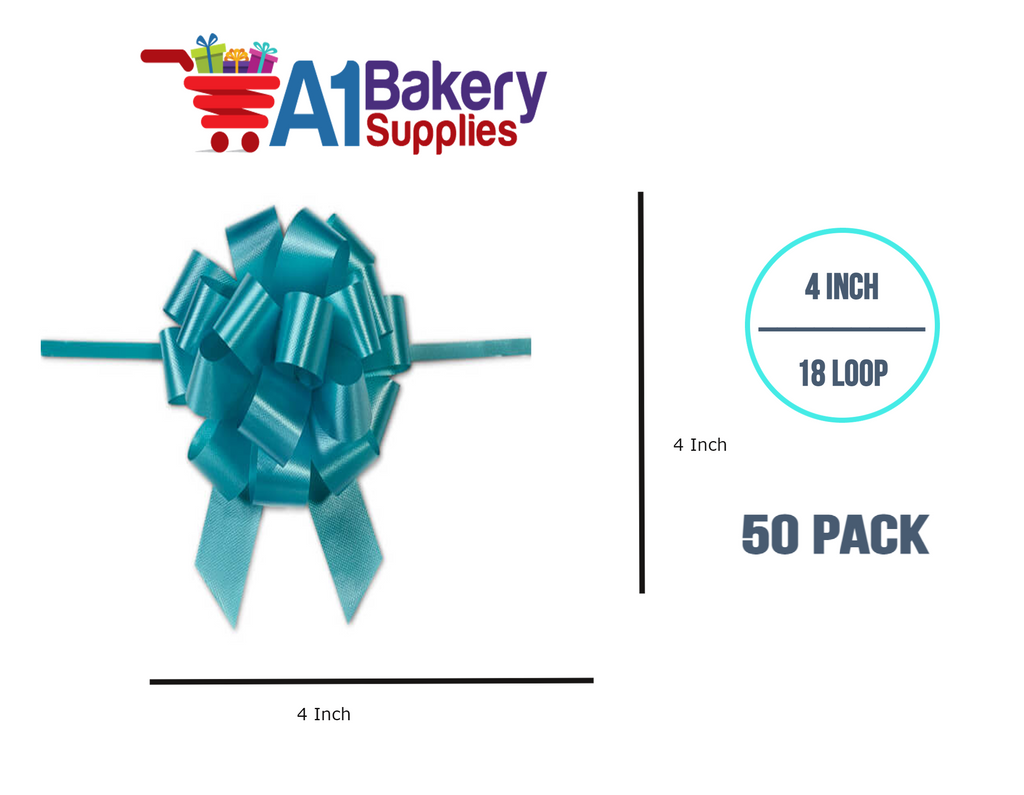 A1BakerySupplies 50 Pieces Pull Bow for Gift Wrapping Gift Bows Pull Bow With Ribbon for Wedding Gift Baskets, 4 Inch 18 Loop Turquoise Flora Satin Color