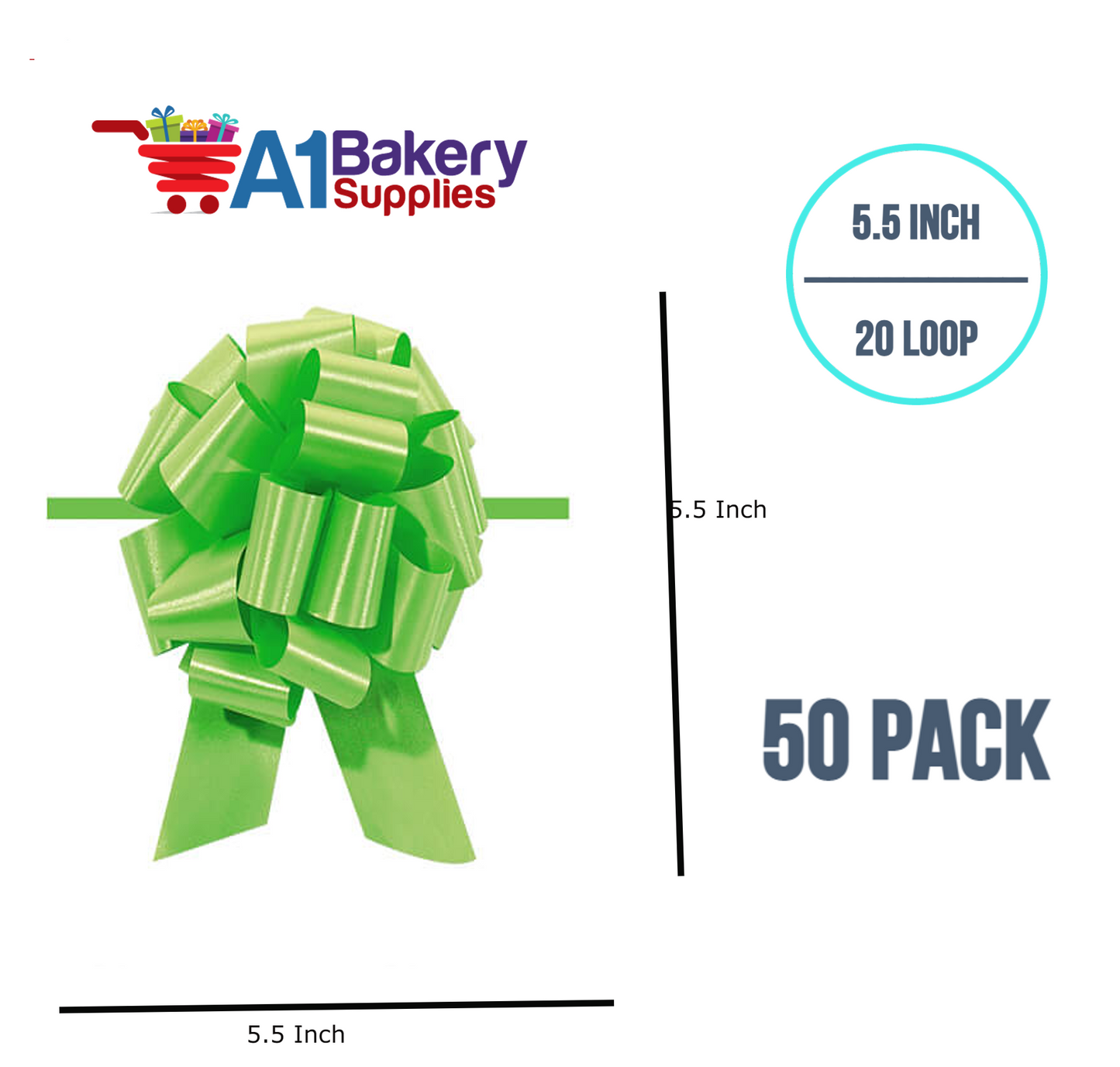 A1BakerySupplies 50 Pieces Pull Bow for Gift Wrapping Gift Bows Pull Bow With Ribbon for Wedding Gift Baskets, 5.5 Inch 20 Loop in Citrus Green Color