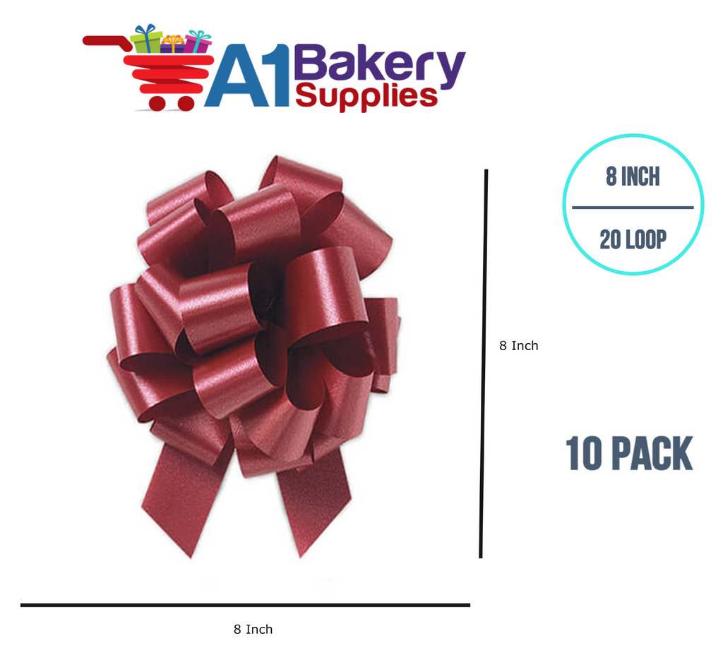 A1BakerySupplies 10 Pieces Pull Bow for Gift Wrapping Gift Bows Pull Bow With Ribbon for Wedding Gift Baskets, 8 Inch 20 Loop Marsala Maroon Flora Satin Color