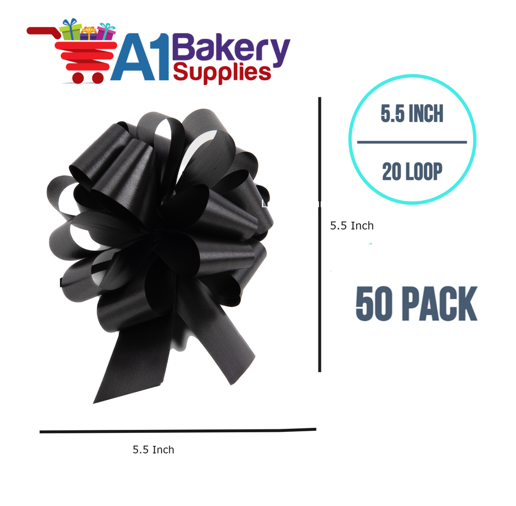 A1BakerySupplies 50 Pieces Pull Bow for Gift Wrapping Gift Bows Pull Bow With Ribbon for Wedding Gift Baskets, 5.5 Inch 20 Loop in Black Color