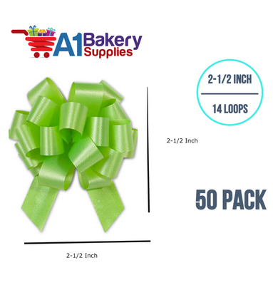 A1BakerySupplies 50 Pieces Pull Bow for Gift Wrapping Gift Bows Pull Bow With Ribbon for Wedding Gift Baskets, 2.5 Inch 14 Loop Citrus Green Flora Satin Color