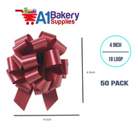 A1BakerySupplies 50 Pieces Pull Bow for Gift Wrapping Gift Bows Pull Bow With Ribbon for Wedding Gift Baskets, 4 Inch 18 Loop Marsala Maroon Flora Satin Color