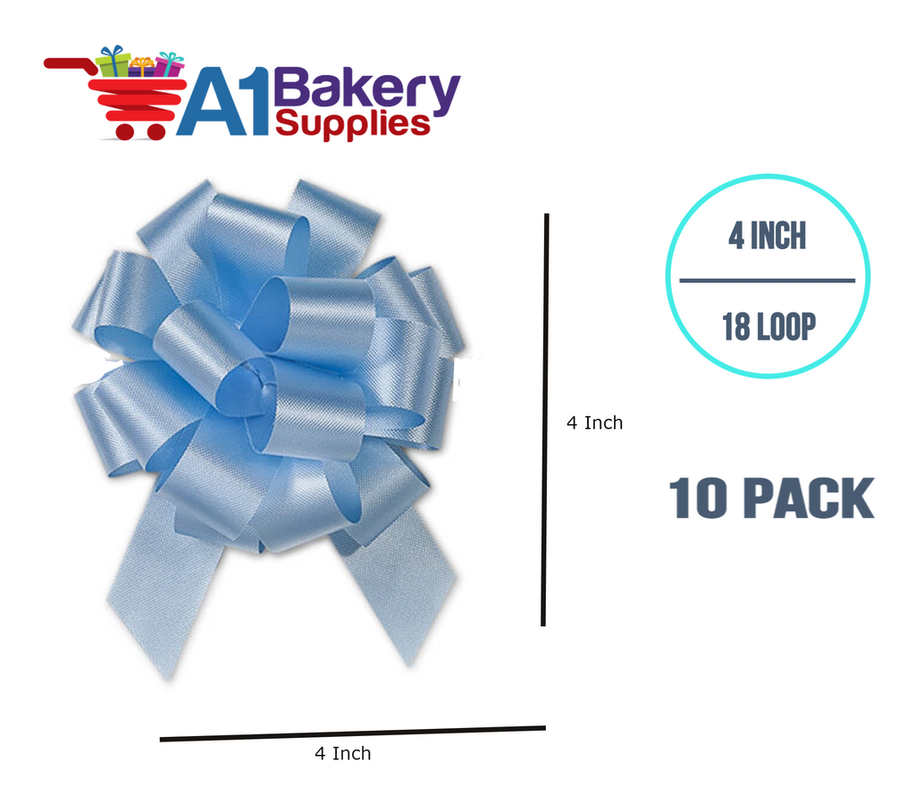 A1BakerySupplies 10 Pieces Pull Bow for Gift Wrapping Gift Bows Pull Bow With Ribbon for Wedding Gift Baskets, 4 Inch 18 Loop Light Blue Flora Satin Color