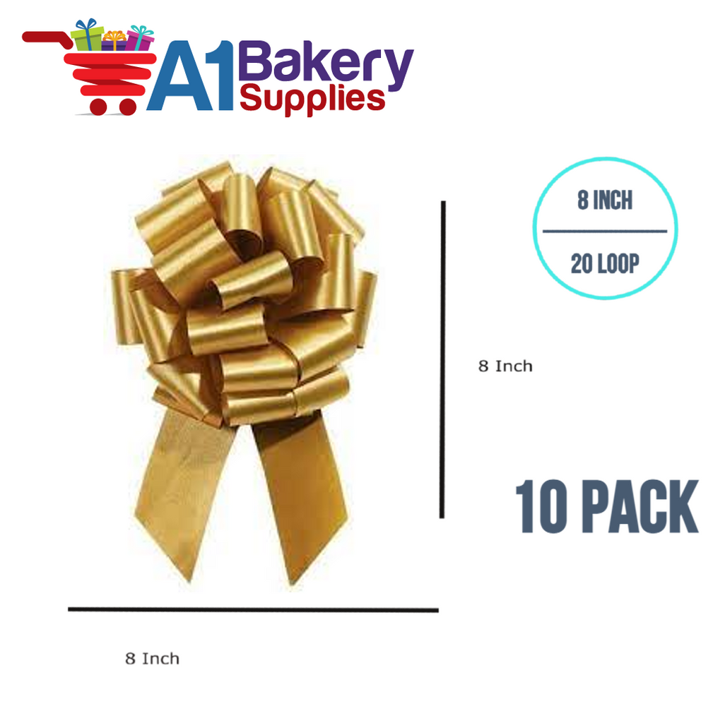 A1BakerySupplies 10 Pieces Pull Bow for Gift Wrapping Gift Bows Pull Bow With Ribbon for Wedding Gift Baskets, 8 Inch 20 Loop Holiday Gold Flora Satin Color