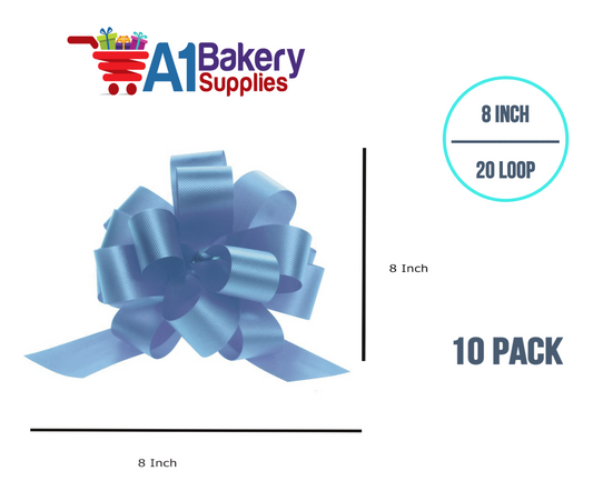 A1BakerySupplies 10 Pieces Pull Bow for Gift Wrapping Gift Bows Pull Bow With Ribbon for Wedding Gift Baskets, 8 Inch 20 Loop Light Blue Flora Satin Color