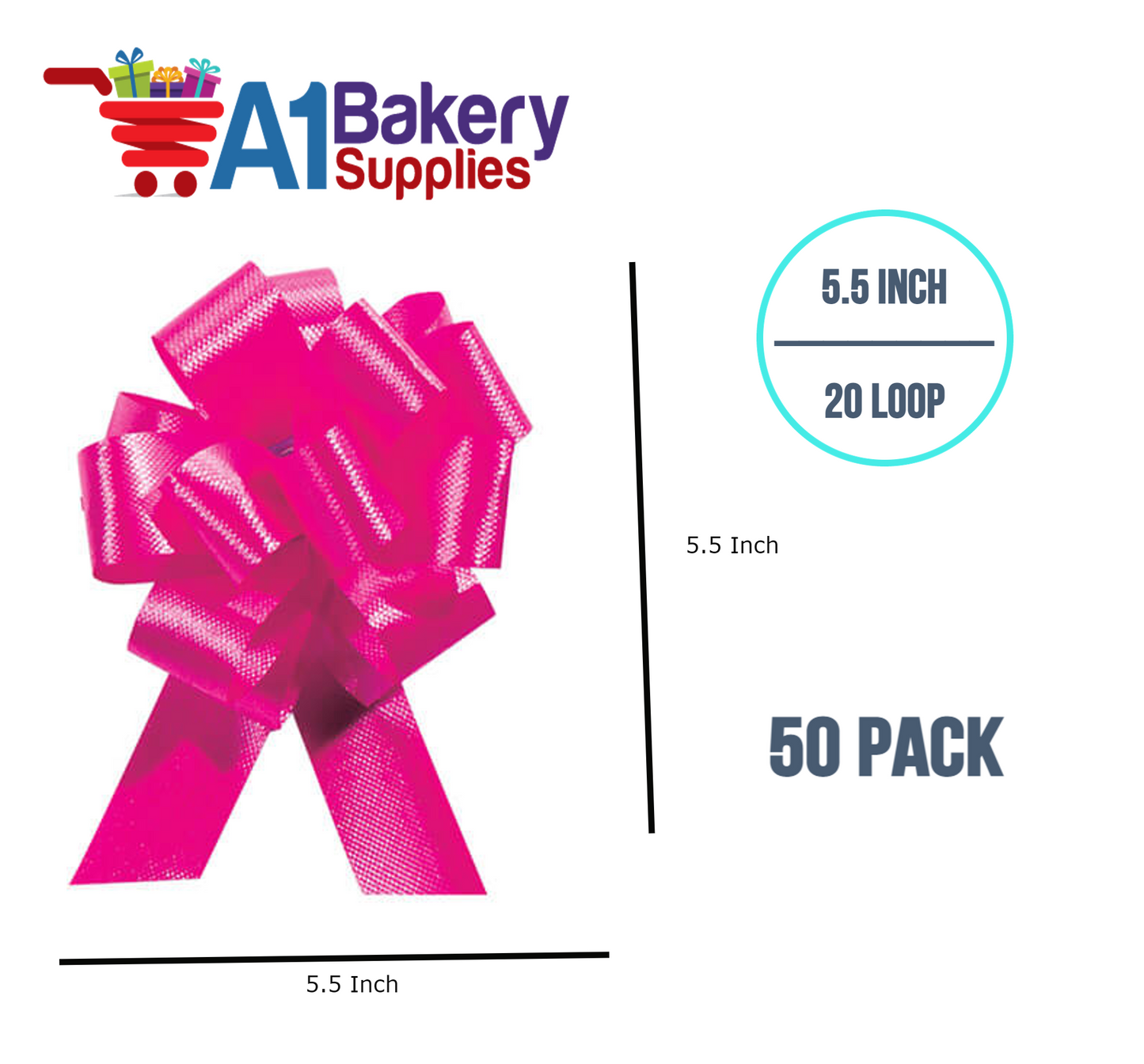 A1BakerySupplies 50 Pieces Pull Bow for Gift Wrapping Gift Bows Pull Bow With Ribbon for Wedding Gift Baskets, 5.5 Inch 20 Loop in Pink Beauty Color