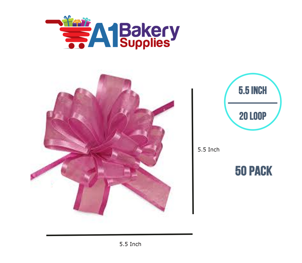 A1BakerySupplies 50 Pieces Pull Bow for Gift Wrapping Gift Bows Pull Bow With Ribbon for Wedding Gift Baskets, 5.5 Inch 20 Loop in Hot Pink Color