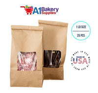 1 LB Size Brown Square Window Tin Tie Bags 25 PCS Kraft  Bakery Bags with Square Window Resealable Tin Tie Tab Lock Poly-Lined Bags Kraft Paper Bags for Cookies, Coffee