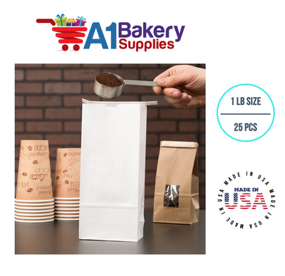 1 LB Size White No Window Tin Tie Bags 25 PCS 9 3/4 Inch (Length) x 4 1/4 Inch (Width) x 2 1/2 Inch (Gusset) White  Bakery Bags with No Window Resealable Tin Tie Tab Lock Poly-Lined Bags White Paper Bags for Cookies, Coffee