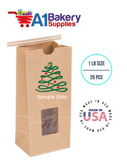 1 LB Size Brown Square Window Tin Tie Bags 25 PCS Kraft  Bakery Bags with Square Window Resealable Tin Tie Tab Lock Poly-Lined Bags Kraft Paper Bags for Cookies, Coffee