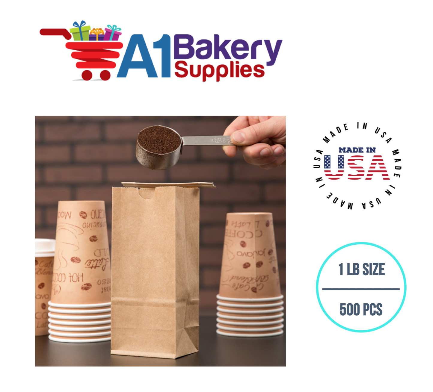 1 LB Size Brown No Window Tin Tie Bags 500 PCS Kraft  Bakery Bags with No Window Resealable Tin Tie Tab Lock Poly-Lined Bags Kraft Paper Bags for Cookies, Coffee