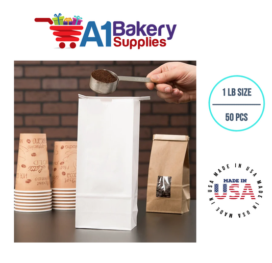 1 LB Size White No Window Tin Tie Bags 50 PCS  White  Bakery Bags with No Window Resealable Tin Tie Tab Lock Poly-Lined Bags White Paper Bags for Cookies, Coffee