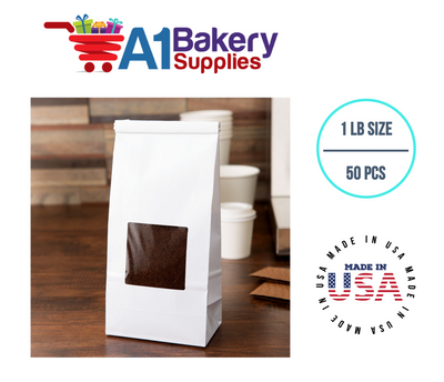 1 LB Size White Square Window Tin Tie Bags 50 PCS 9 3/4 Inch (Length) x 4 1/4 Inch (Width) x 2 1/2 Inch (Gusset) White  Bakery Bags with Square Window Resealable Tin Tie Tab Lock Poly-Lined Bags White Paper Bags for Cookies, Coffee