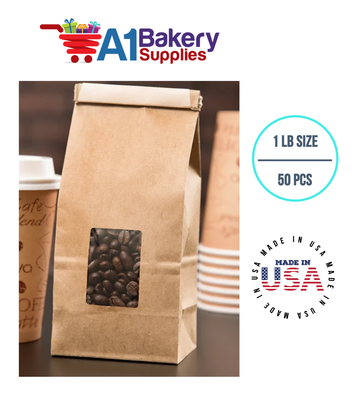 1 LB Size Brown Square Window Tin Tie Bags 50 PCS  Kraft  Bakery Bags with Square Window Resealable Tin Tie Tab Lock Poly-Lined Bags Kraft Paper Bags for Cookies, Coffee