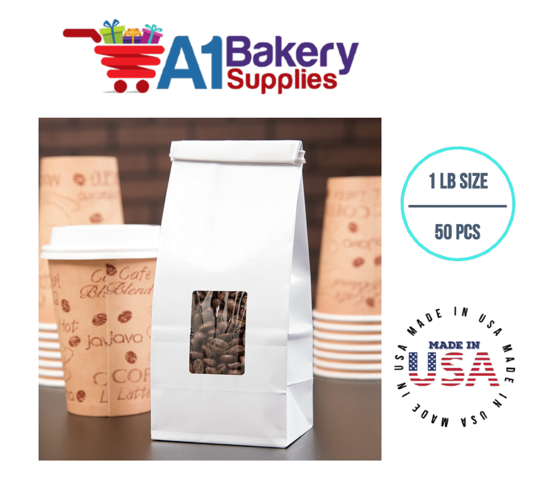 1 LB Size White Square Window Tin Tie Bags 50 PCS  White  Bakery Bags with Square Window Resealable Tin Tie Tab Lock Poly-Lined Bags White Paper Bags for Cookies, Coffee