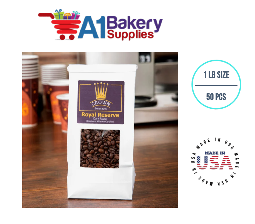 1 LB Size White Square Window Tin Tie Bags 50 PCS  White  Bakery Bags with Square Window Resealable Tin Tie Tab Lock Poly-Lined Bags White Paper Bags for Cookies, Coffee