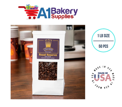 1 LB Size White Square Window Tin Tie Bags 50 PCS  White  Bakery Bags with Square Window Resealable Tin Tie Tab Lock Poly-Lined Bags White Paper Bags for Cookies, Coffee