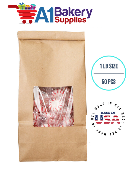 1 LB Size Brown Square Window Tin Tie Bags 50 PCS  Kraft  Bakery Bags with Square Window Resealable Tin Tie Tab Lock Poly-Lined Bags Kraft Paper Bags for Cookies, Coffee