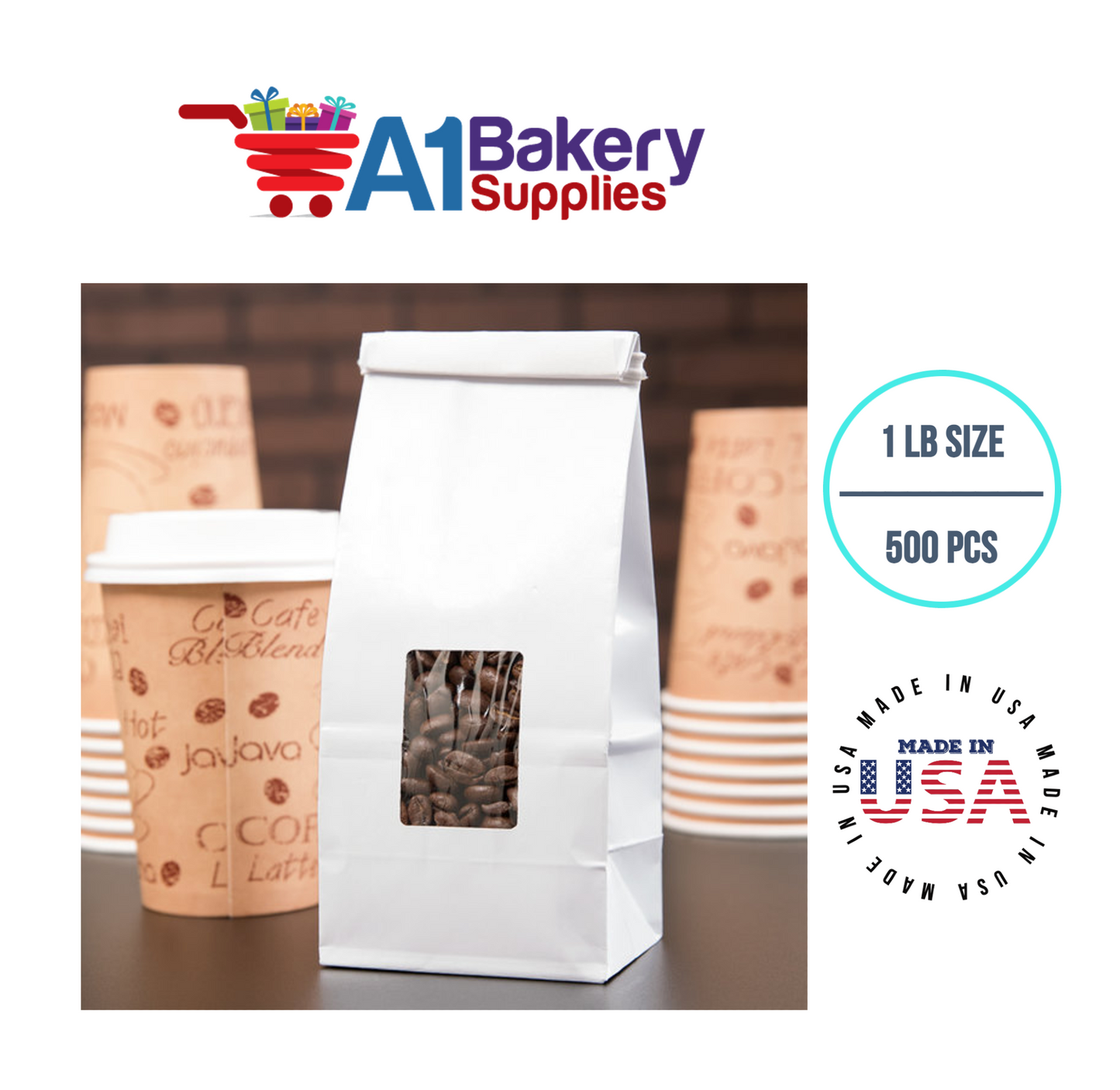 1 LB Size White Square Window Tin Tie Bags 500 PCS White  Bakery Bags with Square Window Resealable Tin Tie Tab Lock Poly-Lined Bags White Paper Bags for Cookies, Coffee