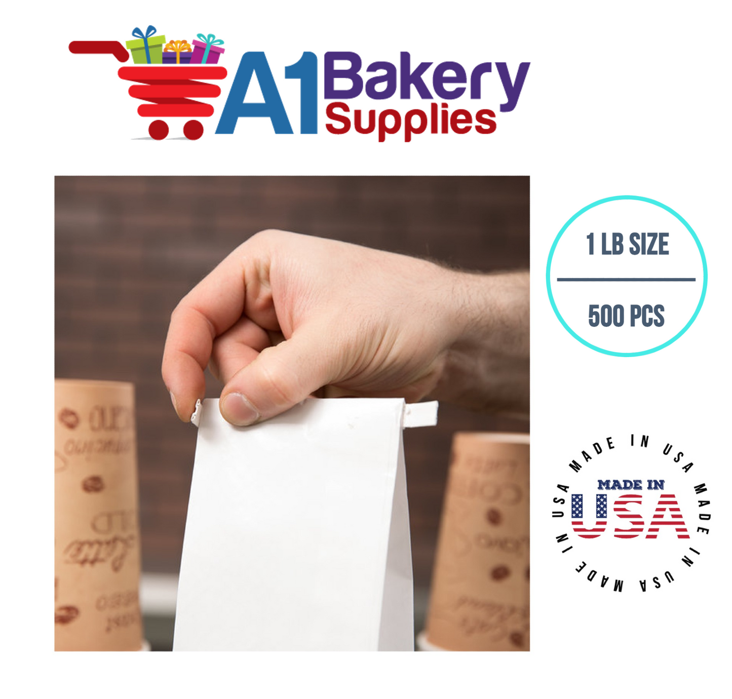 1 LB Size White No Window Tin Tie Bags 500 PCS  White  Bakery Bags with No Window Resealable Tin Tie Tab Lock Poly-Lined Bags White Paper Bags for Cookies, Coffee