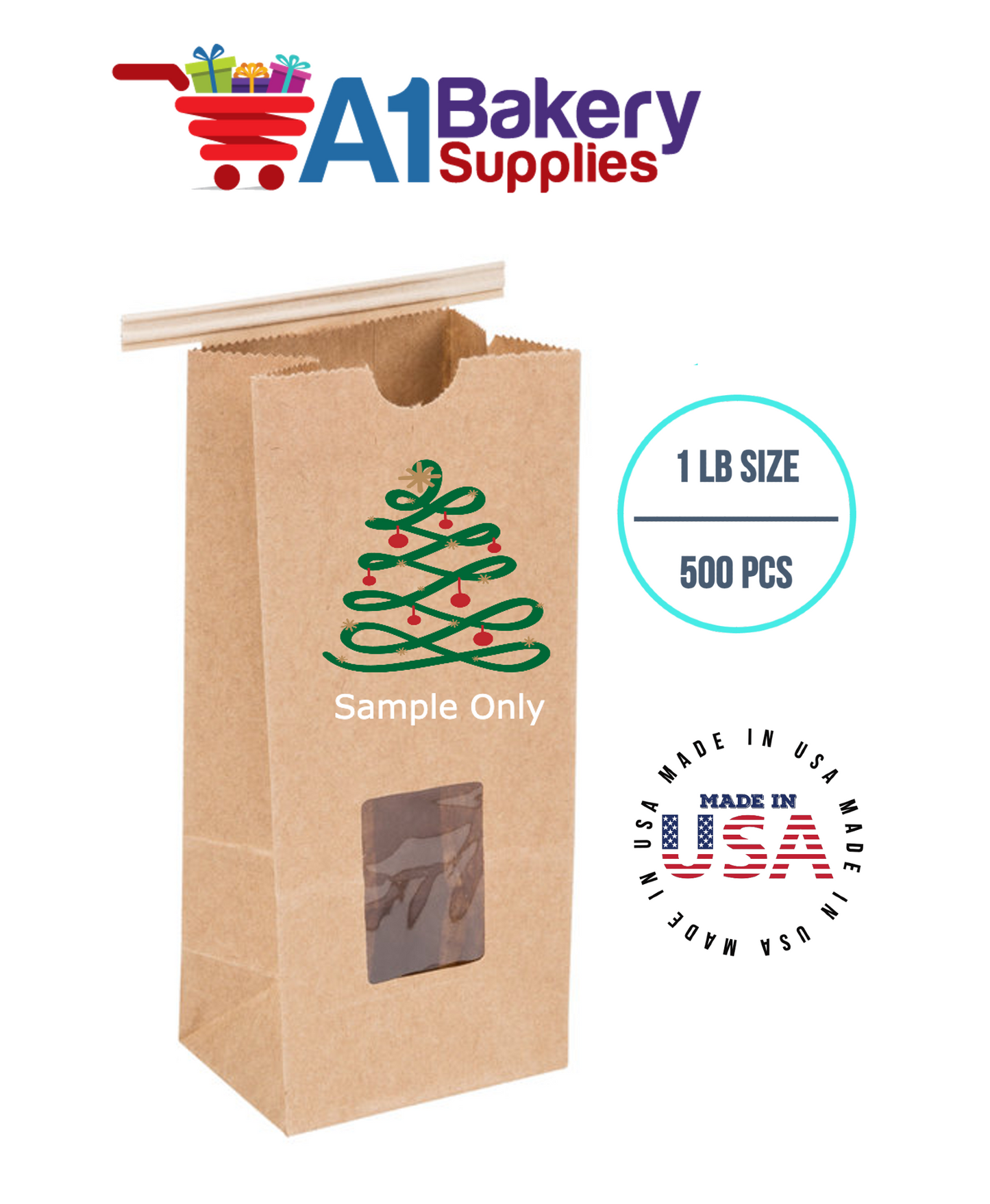 1 LB Size Brown Square Window Tin Tie Bags 500 PCS Kraft  Bakery Bags with Square Window Resealable Tin Tie Tab Lock Poly-Lined Bags Brown Paper Bags for Cookies, Coffee