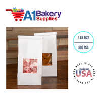 1 LB Size White Square Window Tin Tie Bags 500 PCS White  Bakery Bags with Square Window Resealable Tin Tie Tab Lock Poly-Lined Bags White Paper Bags for Cookies, Coffee