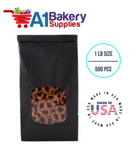 1 LB Black Square Window Tin Tie Bags 500 PCS  Black  Bakery Bags with Square Window Resealable Tin Tie Tab Lock Poly-Lined Bags Black Paper Bags for Cookies, Coffee