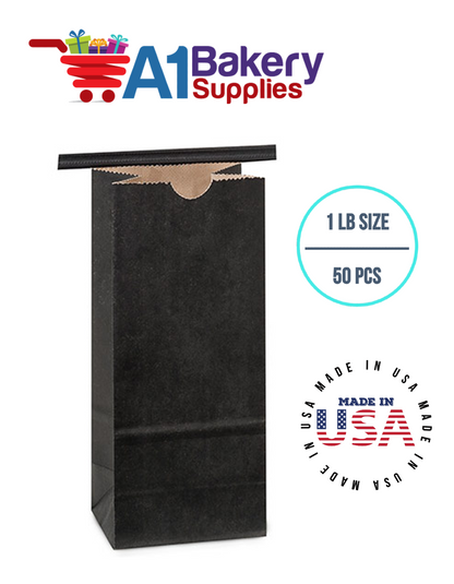 1 LB Black Square Window Tin Tie Bags 50 PCS  Black  Bakery Bags with Square Window Resealable Tin Tie Tab Lock Poly-Lined Bags Black Paper Bags for Cookies, Coffee