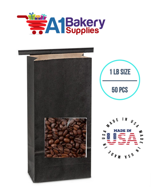 1 LB Black Square Window Tin Tie Bags 50 PCS  Black  Bakery Bags with Square Window Resealable Tin Tie Tab Lock Poly-Lined Bags Black Paper Bags for Cookies, Coffee