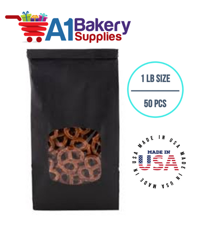 1 LB Black Square Window Tin Tie Bags 50 PCS  Black  Bakery Bags with Square Window Resealable Tin Tie Tab Lock Poly-Lined Bags Black Paper Bags for Cookies, Coffee