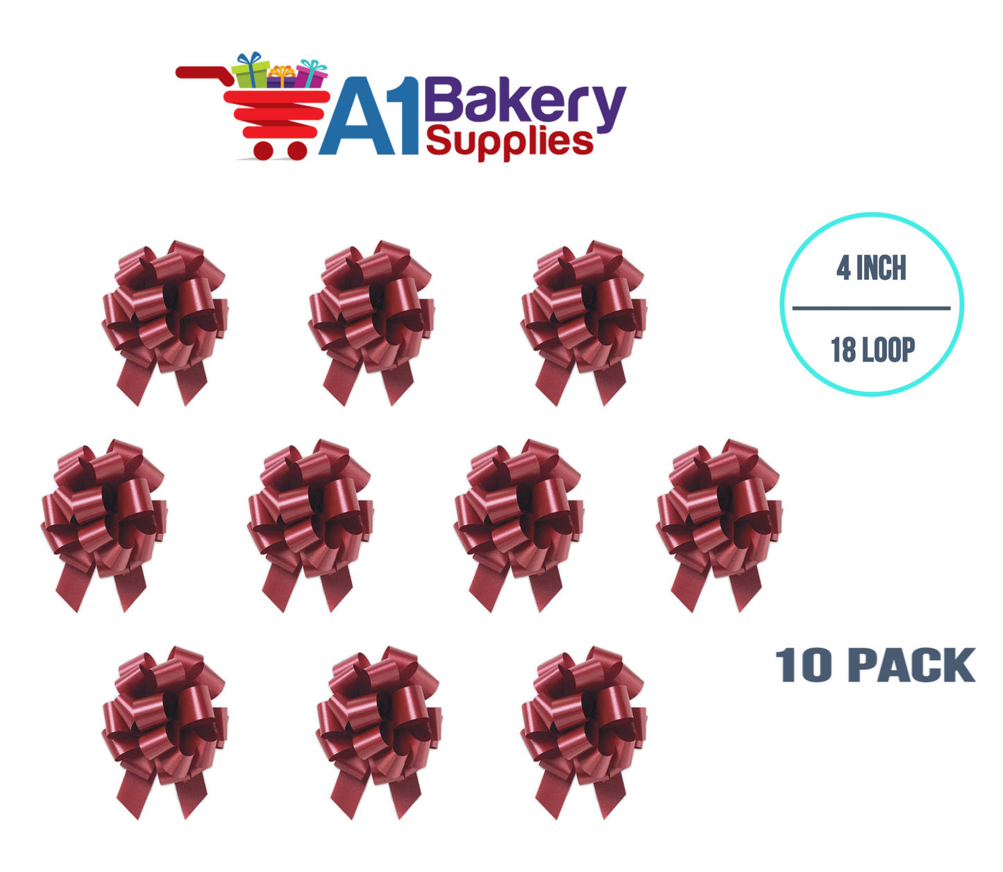 A1BakerySupplies 10 Pieces Pull Bow for Gift Wrapping Gift Bows Pull Bow With Ribbon for Wedding Gift Baskets, 4 Inch 18 Loop Marsala Maroon Flora Satin Color