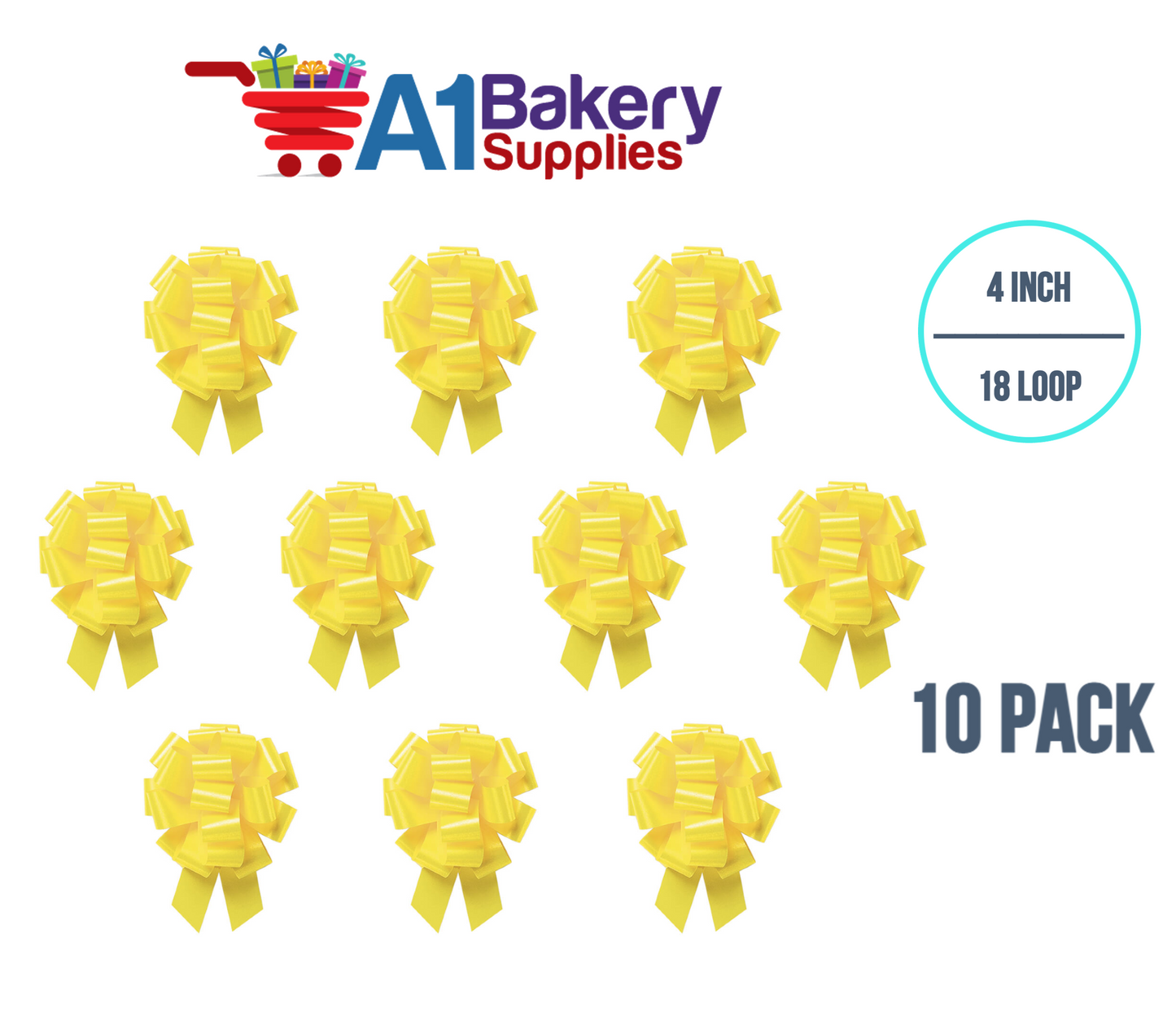 A1BakerySupplies 10 Pieces Pull Bow for Gift Wrapping Gift Bows Pull Bow With Ribbon for Wedding Gift Baskets, 4 Inch 18 Loop Yellow Daffodil Flora Satin Color